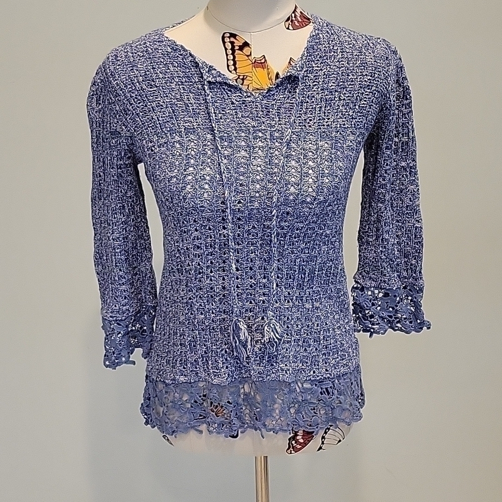 Christopher & Banks blue sweater with lace trim.  Size Small 3/4 lenght sleeves
